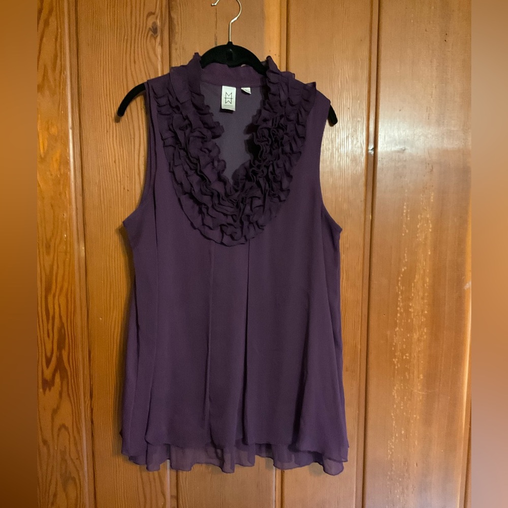 Marc Bower Sheer Double Layer Blouse with Ruffle Neck Detail Size XL #2323